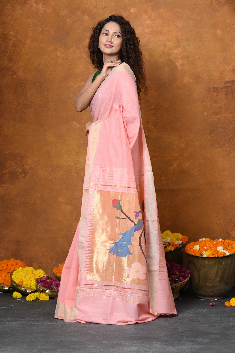 Very Much Indian EXCLUSIVE! Handloom Pure Cotton Paithani With Peacock Pallu - Fresh Peach