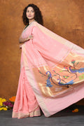 Very Much Indian EXCLUSIVE! Handloom Pure Cotton Paithani With Peacock Pallu - Fresh Peach