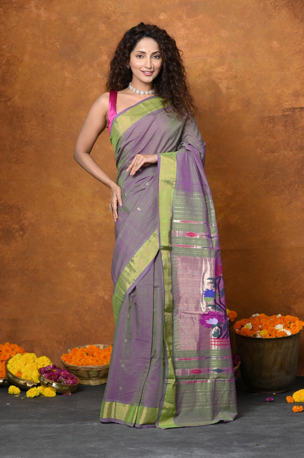Very Much Indian EXCLUSIVE! Handloom Pure Cotton Paithani With Traditional Asawali Pallu - Dual Tone Green & Pink