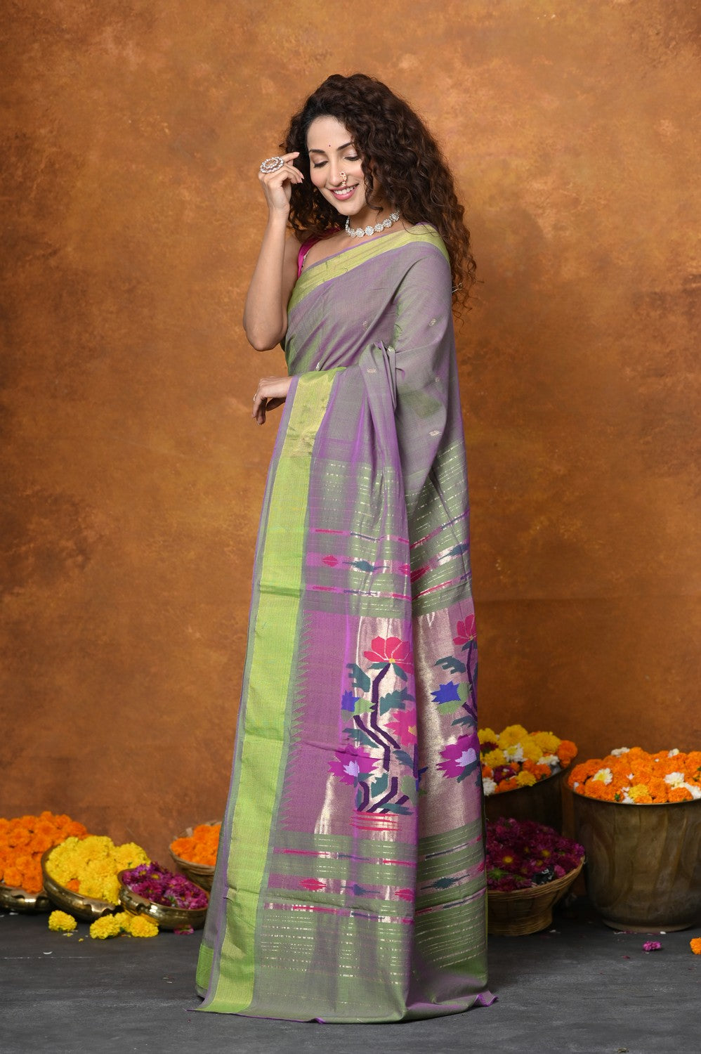 Very Much Indian EXCLUSIVE! Handloom Pure Cotton Paithani With Traditional Asawali Pallu - Dual Tone Green & Pink