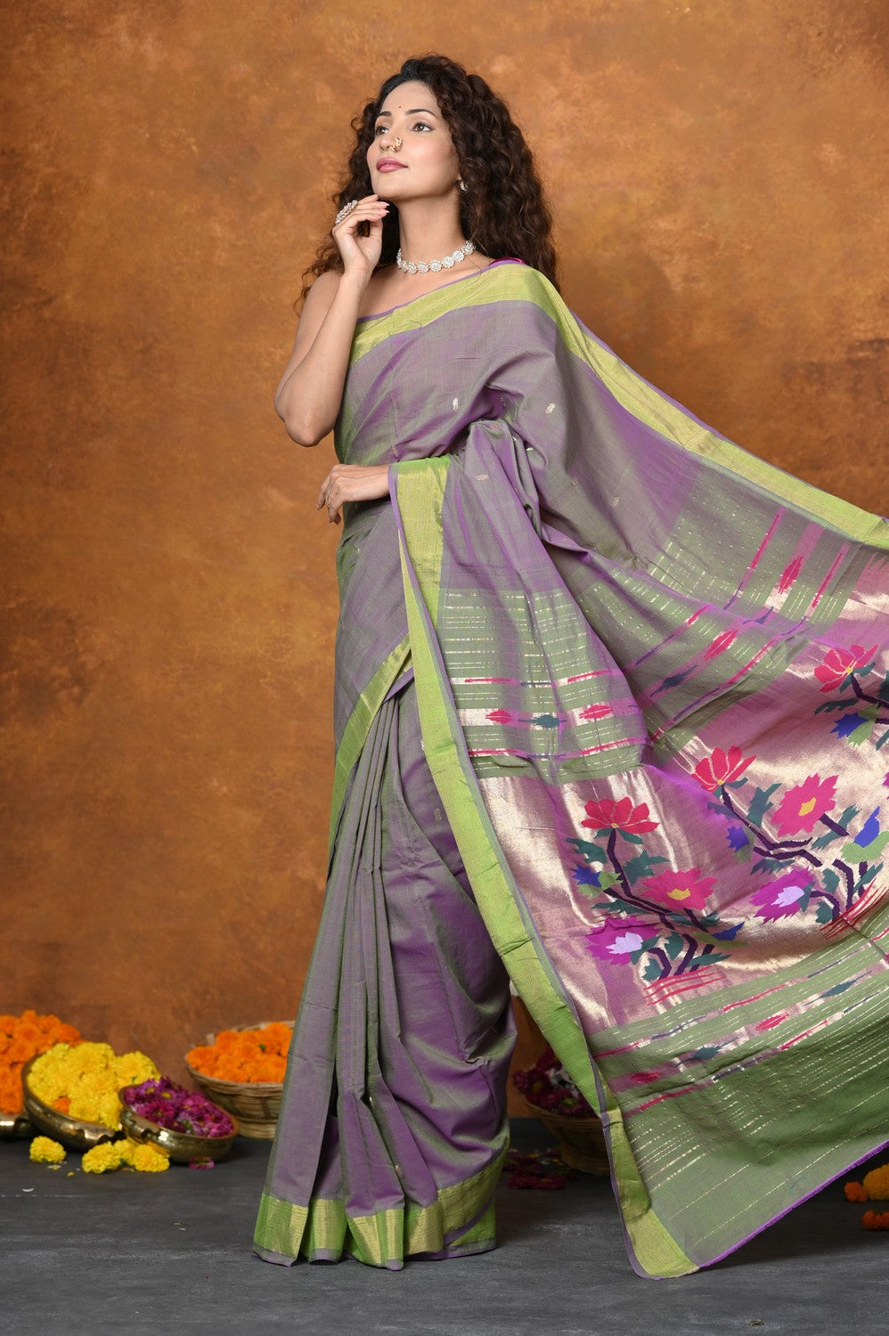 Very Much Indian EXCLUSIVE! Handloom Pure Cotton Paithani With Traditional Asawali Pallu - Dual Tone Green & Pink