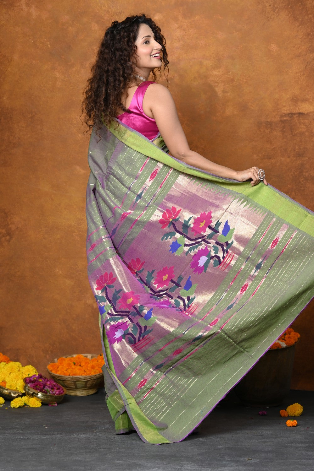 Very Much Indian EXCLUSIVE! Handloom Pure Cotton Paithani With Traditional Asawali Pallu - Dual Tone Green & Pink