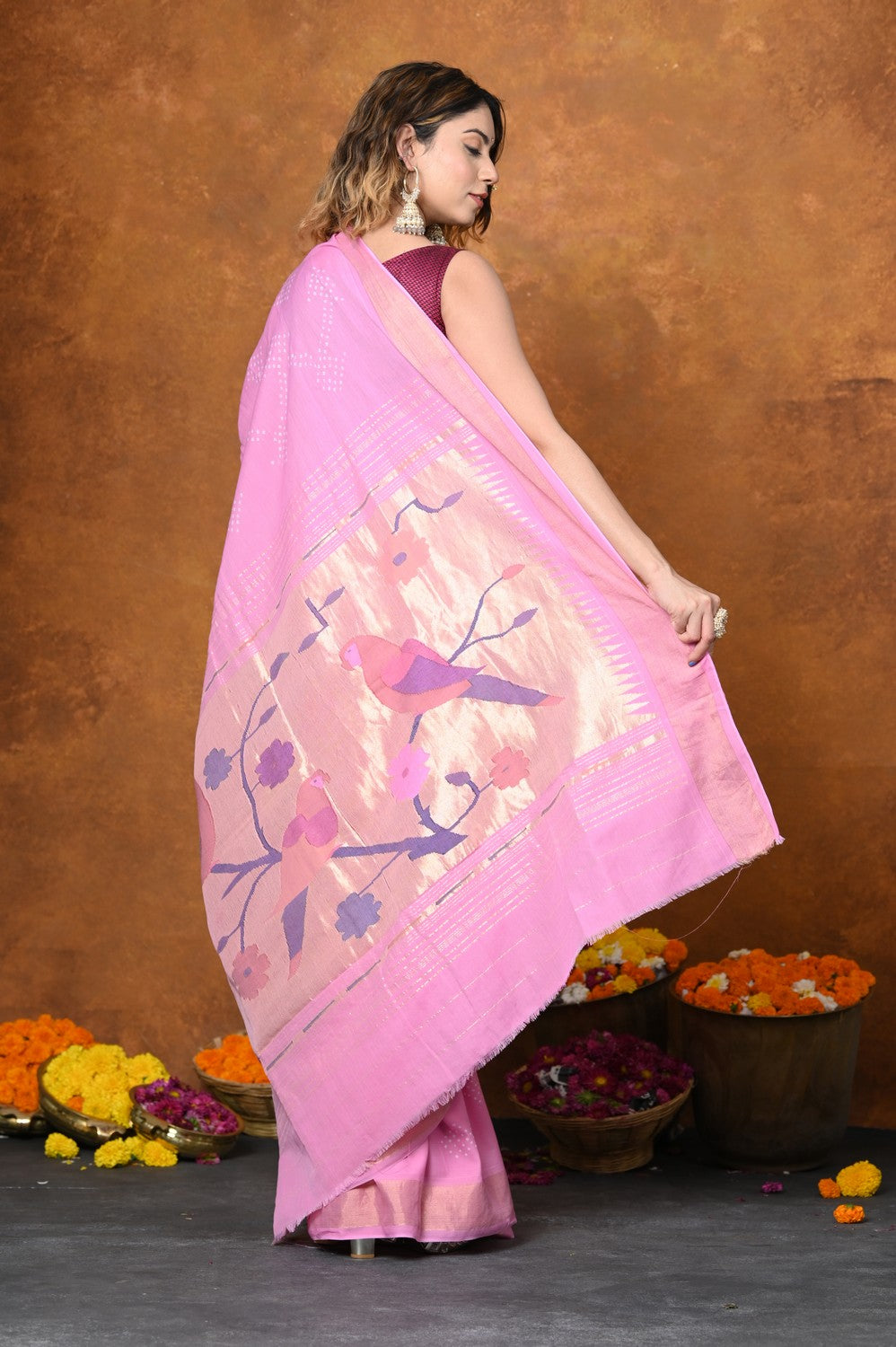 Very Much Indian EXCLUSIVE! Handloom Pure Cotton Paithani With Hand bandhani Work and Traditional Parrot Pallu