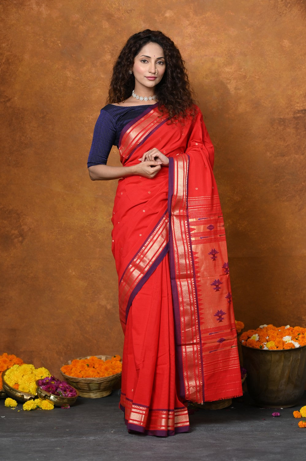 Very Much Indian EXCLUSIVE! Handloom Pure Cotton Paithani With Narayali Border & Traditional Heritage Asawali Pallu - Red