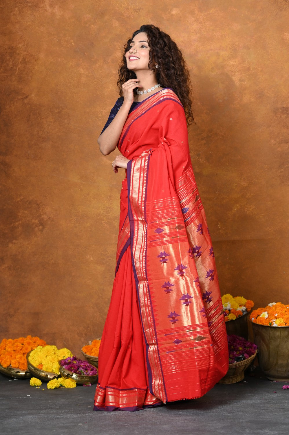Very Much Indian EXCLUSIVE! Handloom Pure Cotton Paithani With Narayali Border & Traditional Heritage Asawali Pallu - Red