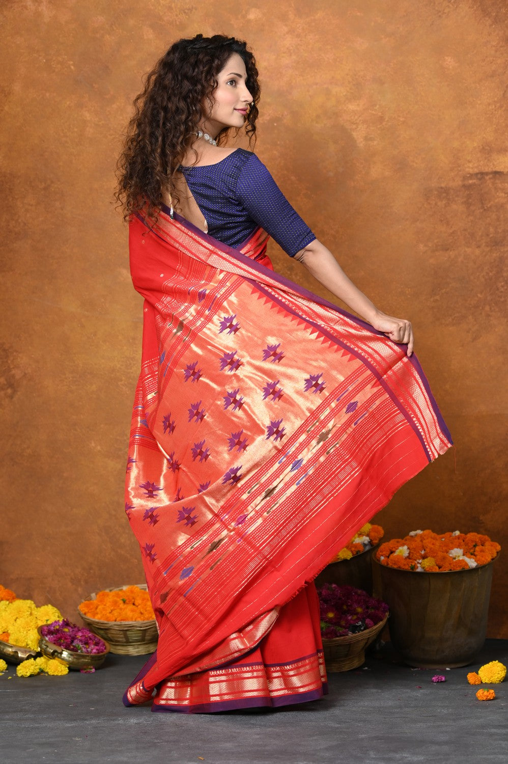 Very Much Indian EXCLUSIVE! Handloom Pure Cotton Paithani With Narayali Border & Traditional Heritage Asawali Pallu - Red