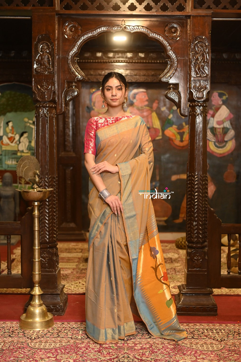 Very Much Indian Authentic Handloom Pure Cotton Paithani with Handcrafted Peacock Pallu - Powder Blue Gold
