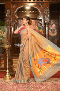 Very Much Indian Authentic Handloom Pure Cotton Paithani with Handcrafted Peacock Pallu - Powder Blue Gold