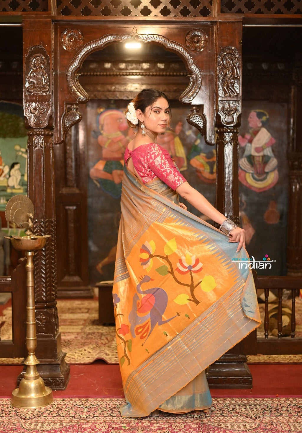 Very Much Indian Authentic Handloom Pure Cotton Paithani with Handcrafted Peacock Pallu - Powder Blue Gold