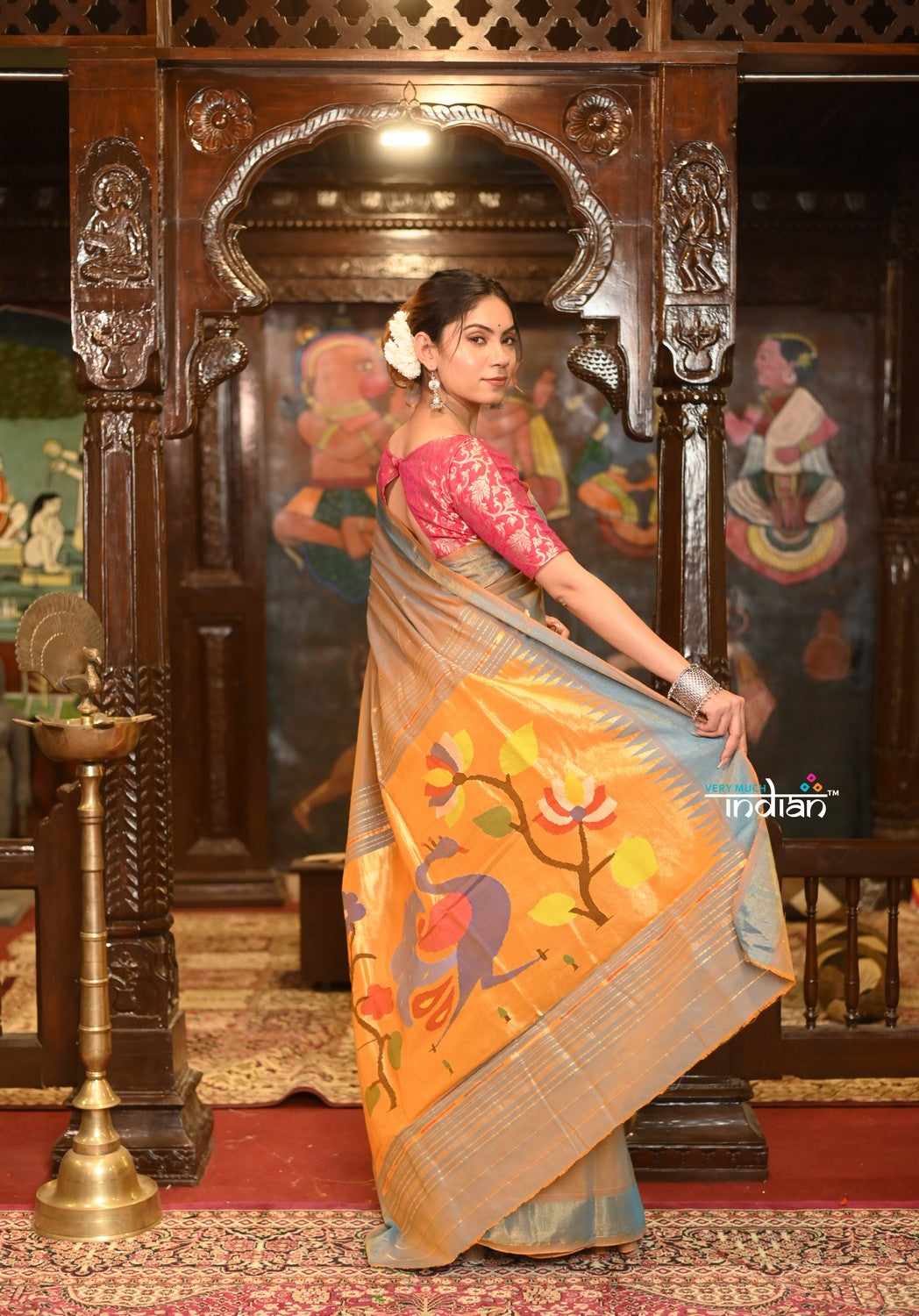 Very Much Indian Authentic Handloom Pure Cotton Paithani with Handcrafted Peacock Pallu - Powder Blue Gold