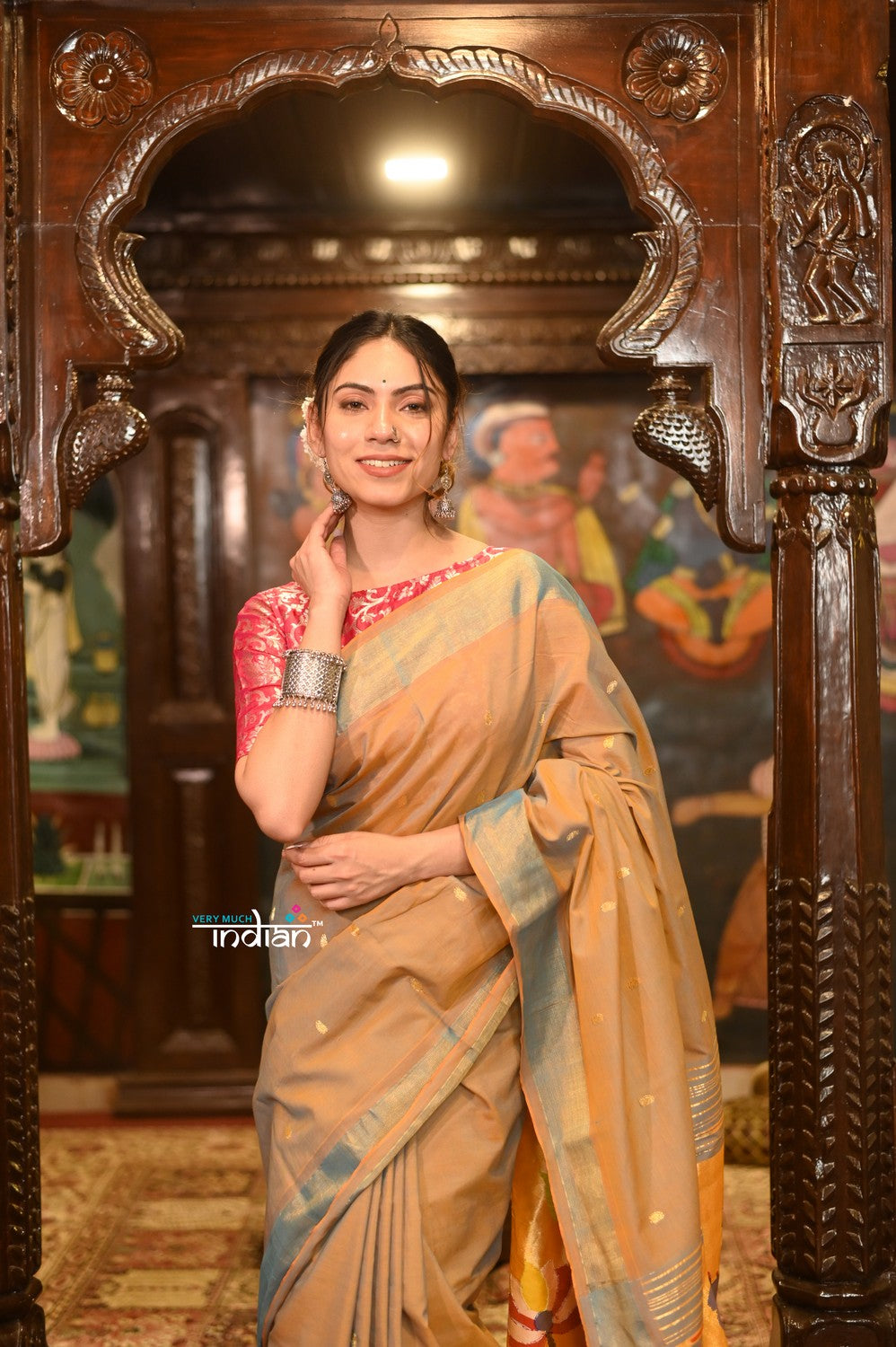 Very Much Indian Authentic Handloom Pure Cotton Paithani with Handcrafted Peacock Pallu - Powder Blue Gold