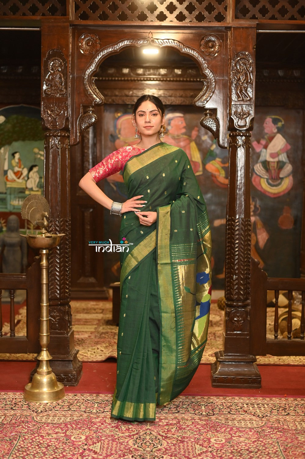 Very Much Indian Authentic Handloom Pure Cotton Paithani with Handcrafted Parrot Pallu - Forest Green