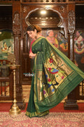 Very Much Indian Authentic Handloom Pure Cotton Paithani with Handcrafted Parrot Pallu - Forest Green
