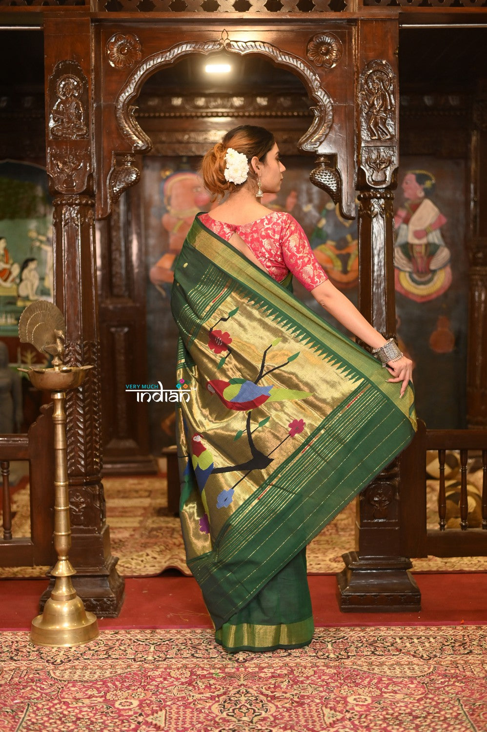 Very Much Indian Authentic Handloom Pure Cotton Paithani with Handcrafted Parrot Pallu - Forest Green