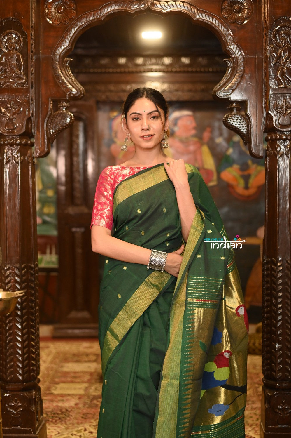 Very Much Indian Authentic Handloom Pure Cotton Paithani with Handcrafted Parrot Pallu - Forest Green