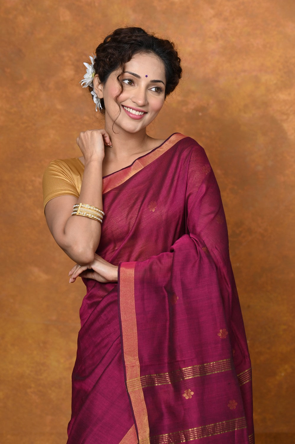 Very Much Indian Designed by VMI - High Quality Mul Cotton Handloom Woven with Sleek Border and Flower Buttis - Magenta Pink
