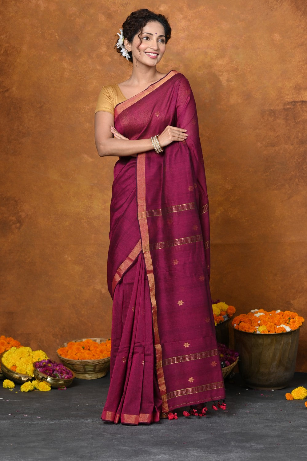 Very Much Indian Designed by VMI - High Quality Mul Cotton Handloom Woven with Sleek Border and Flower Buttis - Magenta Pink
