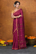 Very Much Indian Designed by VMI - High Quality Mul Cotton Handloom Woven with Sleek Border and Flower Buttis - Magenta Pink
