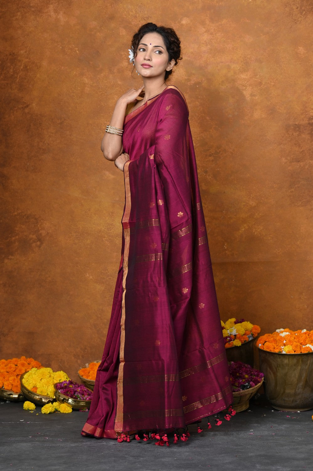 Very Much Indian Designed by VMI - High Quality Mul Cotton Handloom Woven with Sleek Border and Flower Buttis - Magenta Pink