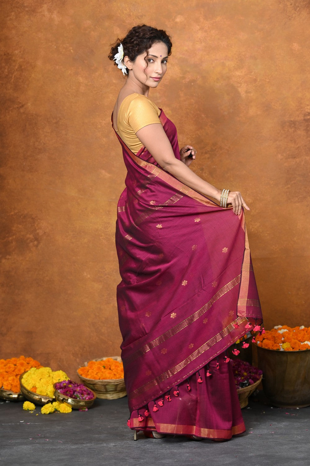 Very Much Indian Designed by VMI - High Quality Mul Cotton Handloom Woven with Sleek Border and Flower Buttis - Magenta Pink