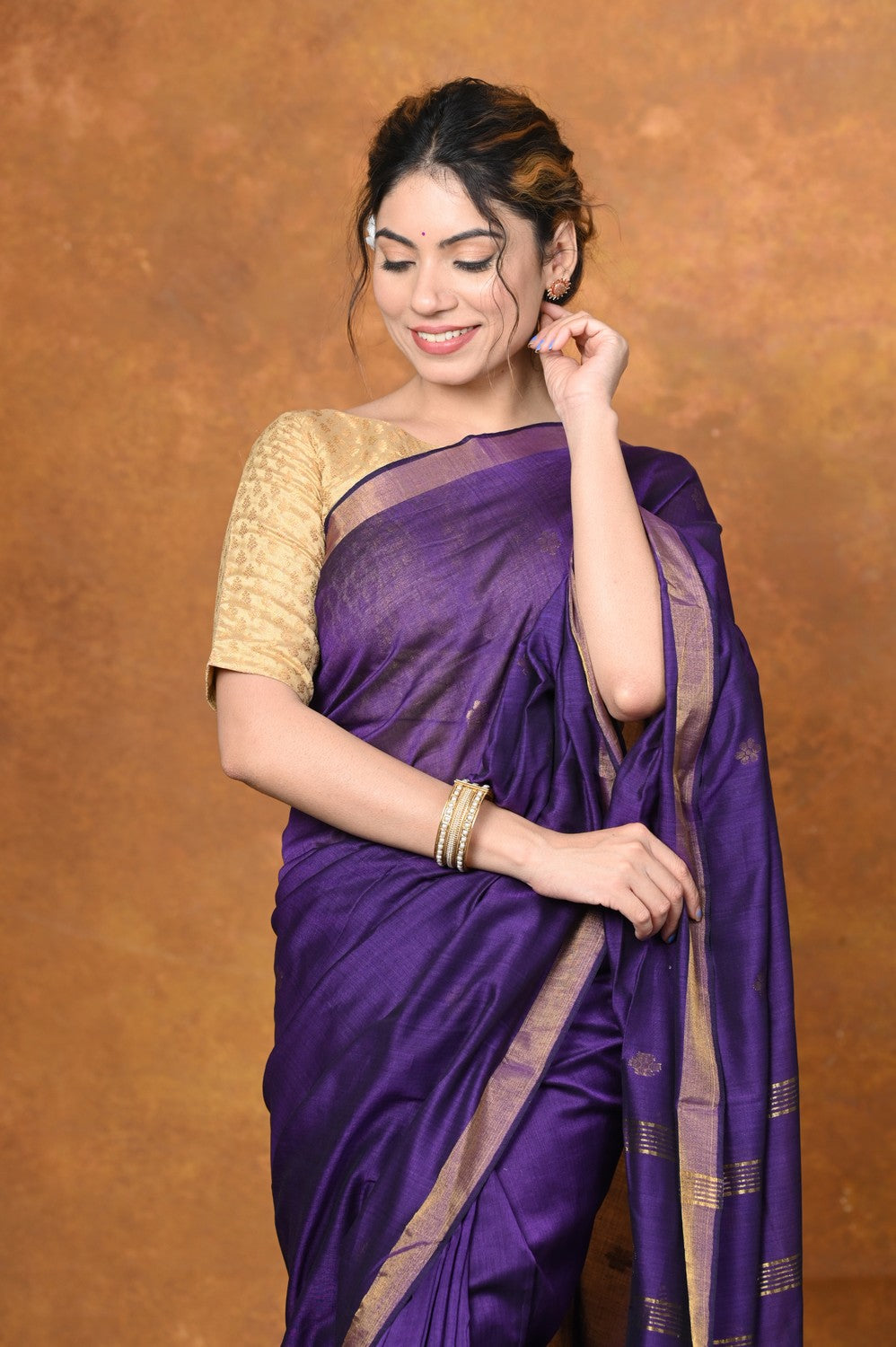 Very Much Indian Designed by VMI - High Quality Mul Cotton Handloom Woven with Sleek Border and Flower Buttis - Violet