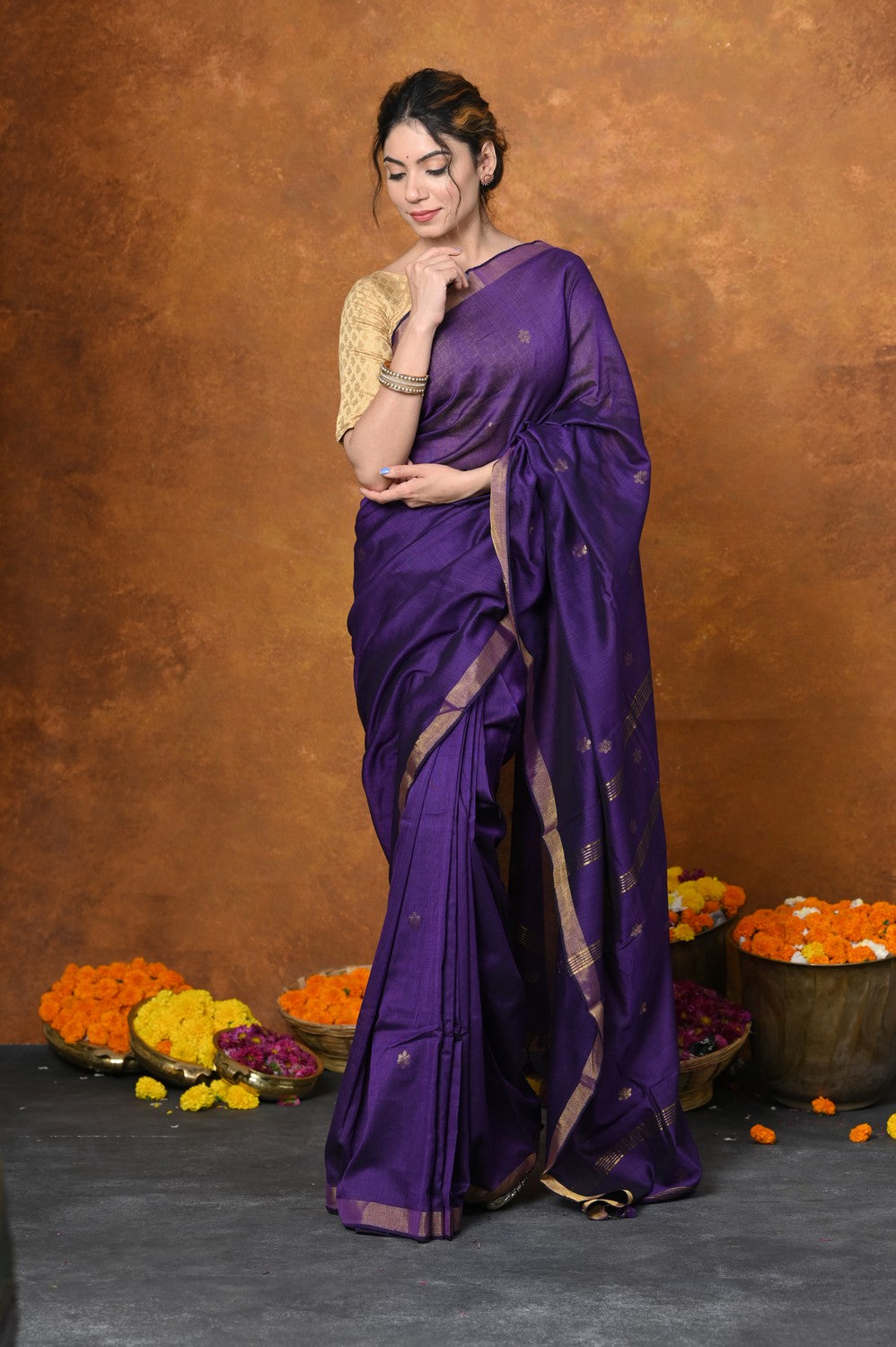 Very Much Indian Designed by VMI - High Quality Mul Cotton Handloom Woven with Sleek Border and Flower Buttis - Violet