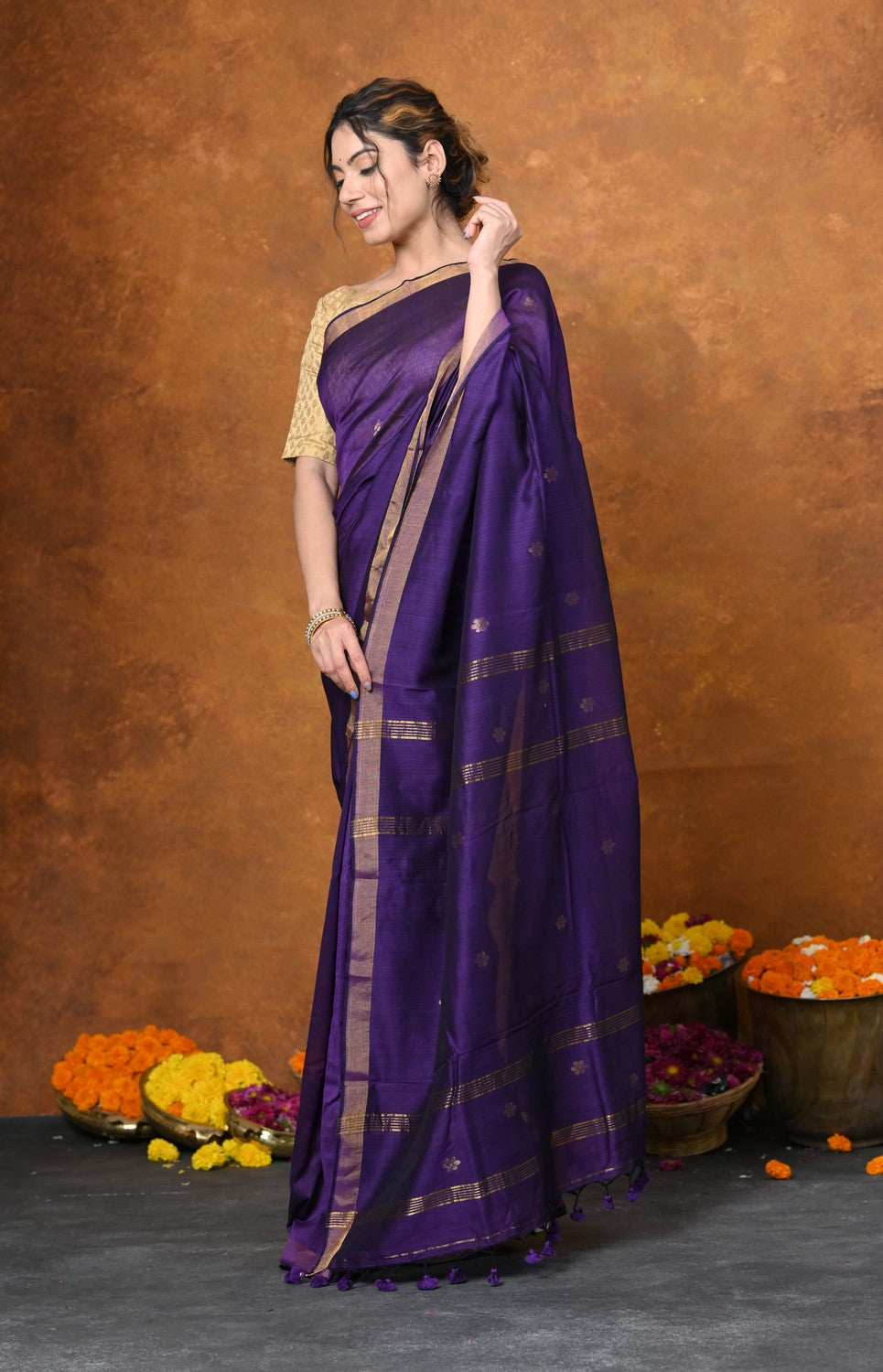 Very Much Indian Designed by VMI - High Quality Mul Cotton Handloom Woven with Sleek Border and Flower Buttis - Violet