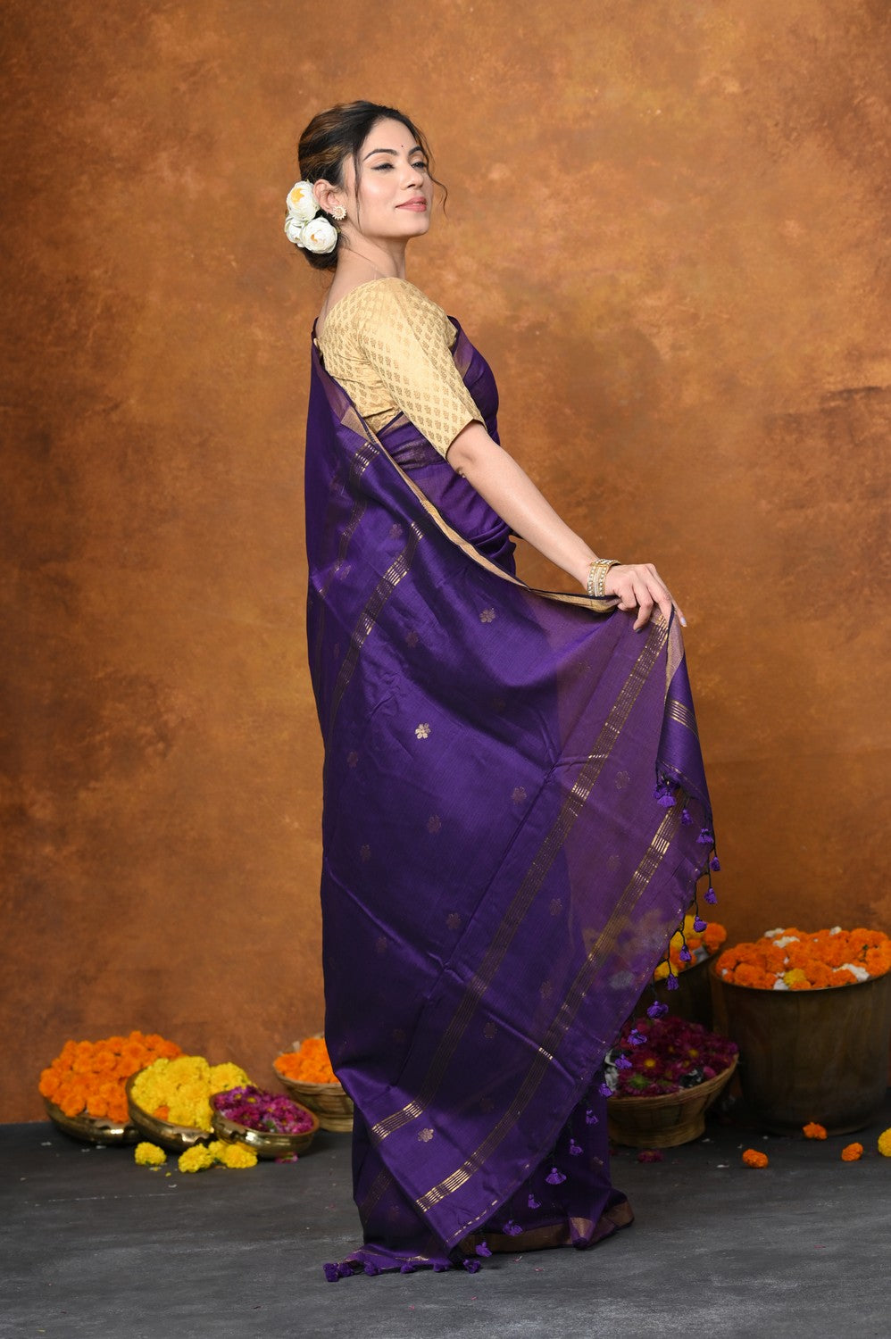 Very Much Indian Designed by VMI - High Quality Mul Cotton Handloom Woven with Sleek Border and Flower Buttis - Violet