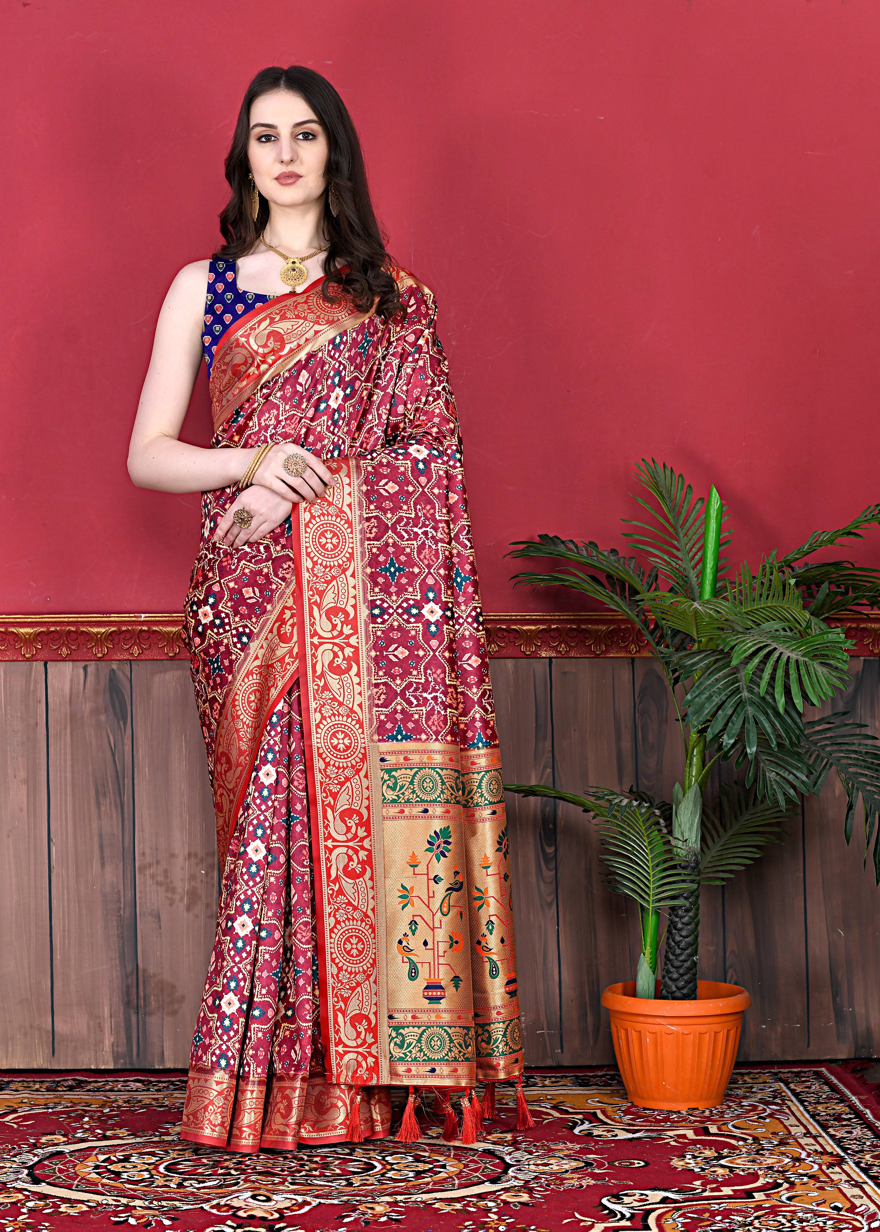 Lorenvalley Fashion Soft Paithani Silk Saree With Patola Print And Contrast Border & Printed Blouse - Mutlicolor