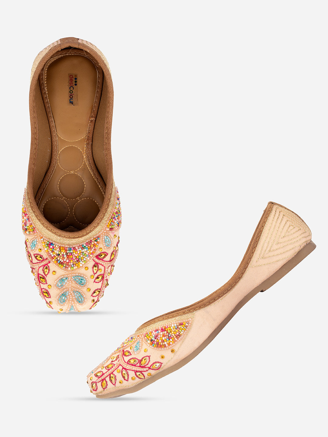 Desi Colour Women Indian Ethnic Footwear-Peach Multi Pearl