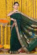 Very Much Indian Rajsi - Handloom Pure Cotton Paithani With Peacock Pallu - Dark Green
