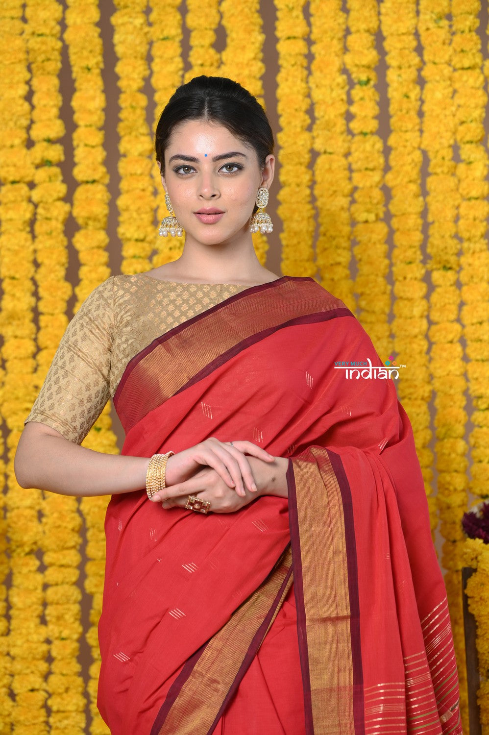 Very Much Indian Rajsi - Handloom Pure Cotton Paithani With Asawali Pallu - Red