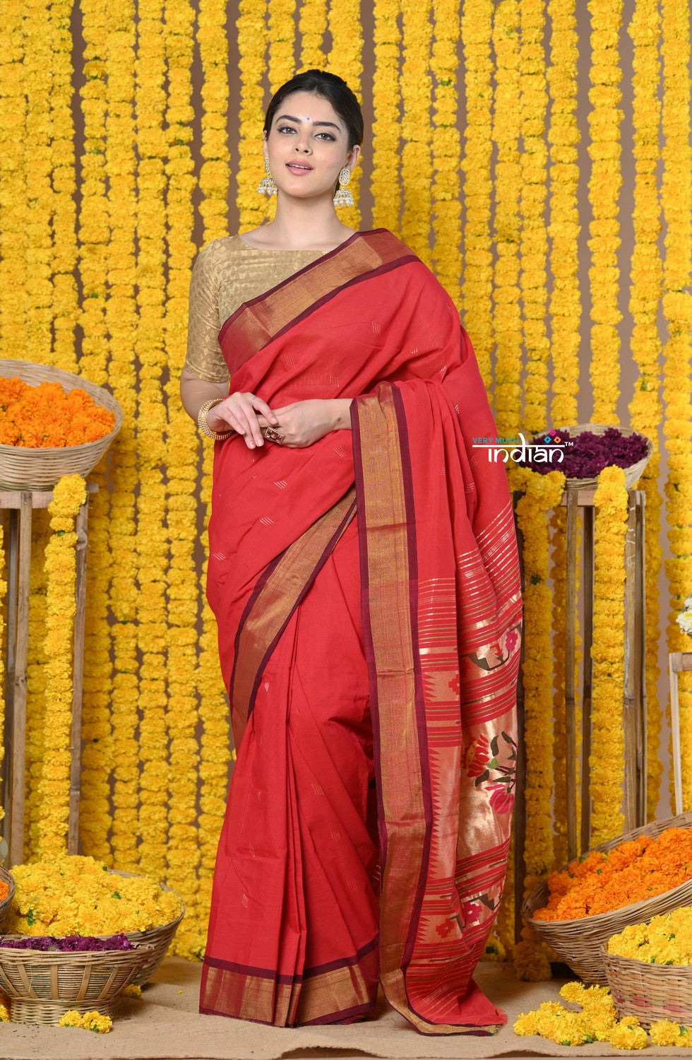 Very Much Indian Rajsi - Handloom Pure Cotton Paithani With Asawali Pallu - Red