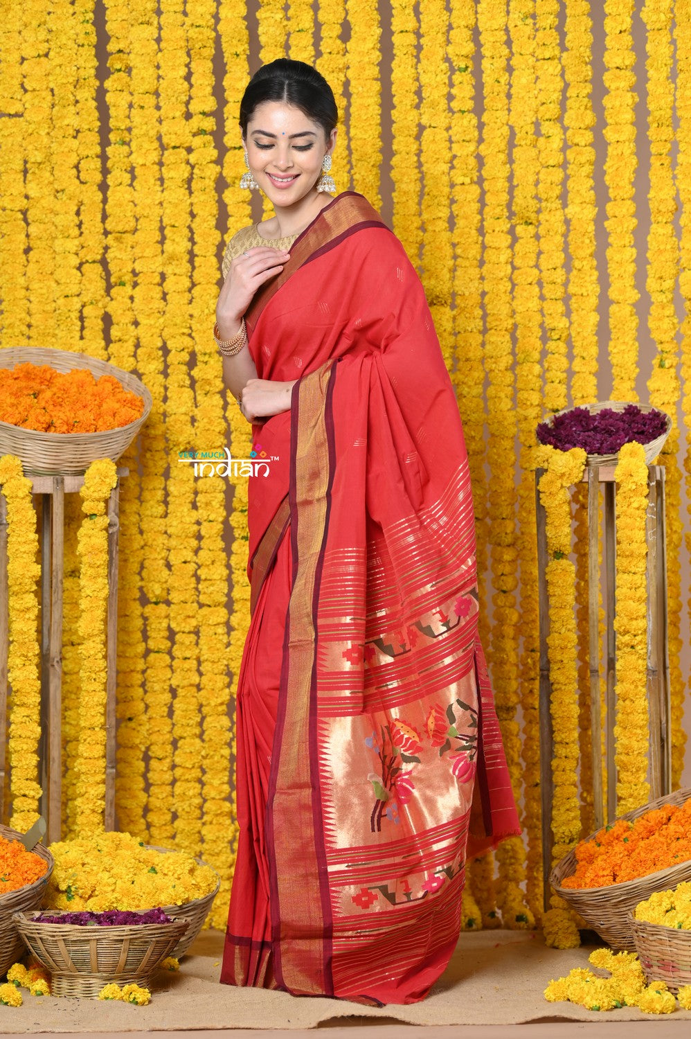 Very Much Indian Rajsi - Handloom Pure Cotton Paithani With Asawali Pallu - Red
