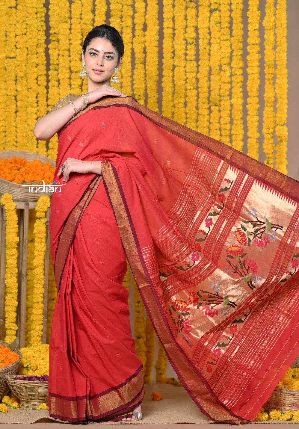 Very Much Indian Rajsi - Handloom Pure Cotton Paithani With Asawali Pallu - Red
