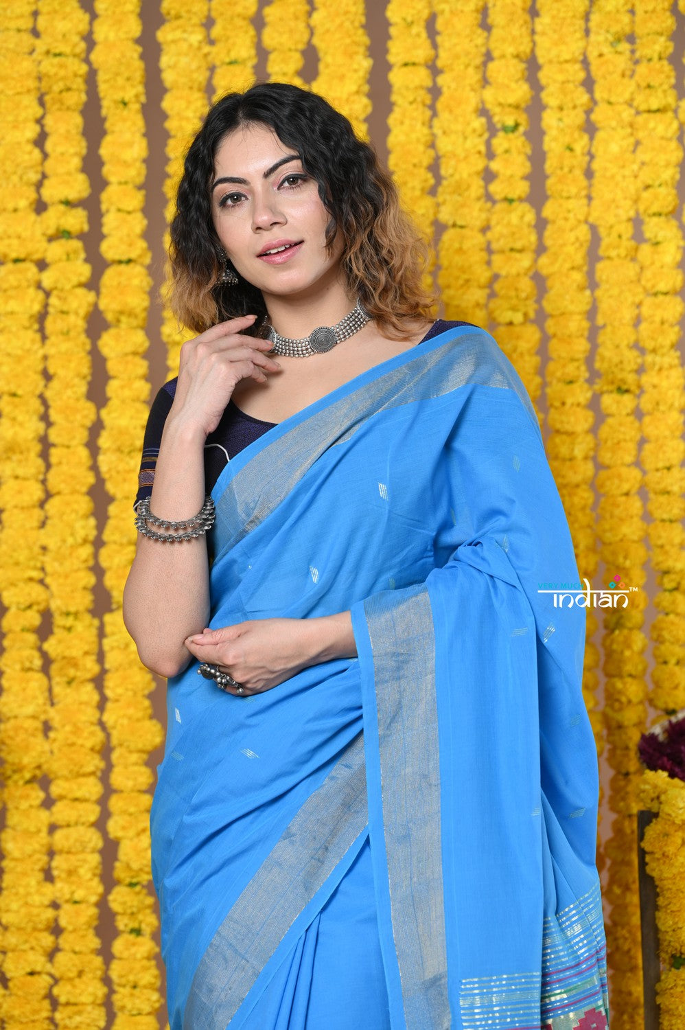 Very Much Indian Rajsi - Handloom Pure Cotton Paithani With Asawali Pallu - Cerrulean Blue