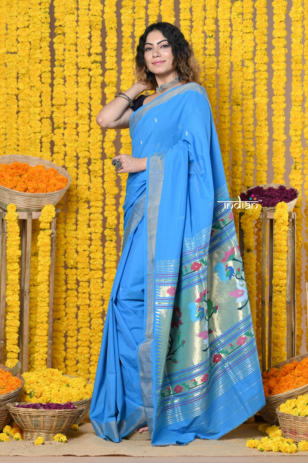 Very Much Indian Rajsi - Handloom Pure Cotton Paithani With Asawali Pallu - Cerrulean Blue