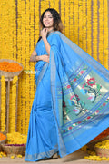 Very Much Indian Rajsi - Handloom Pure Cotton Paithani With Asawali Pallu - Cerrulean Blue
