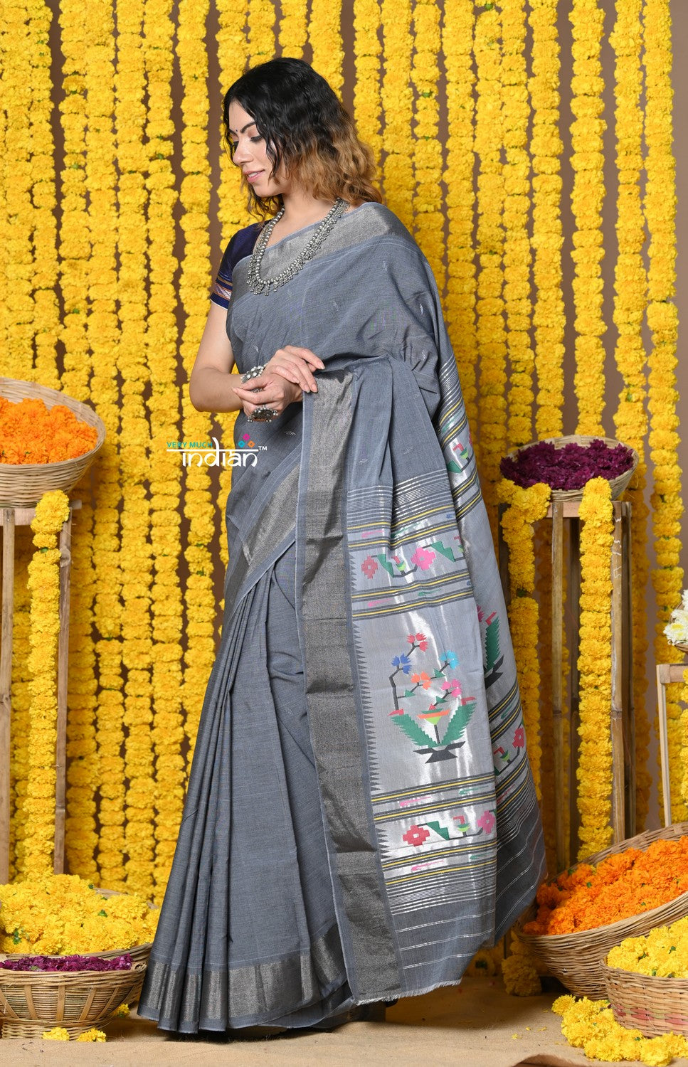 Very Much Indian Rajsi - Handloom Pure Cotton Paithani With Asawali Pallu - Grey
