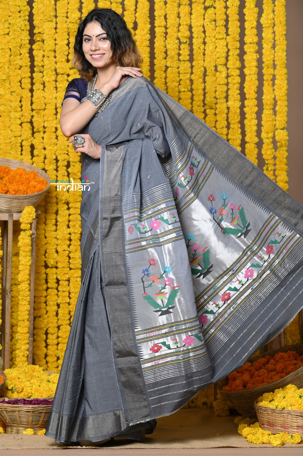 Very Much Indian Rajsi - Handloom Pure Cotton Paithani With Asawali Pallu - Grey