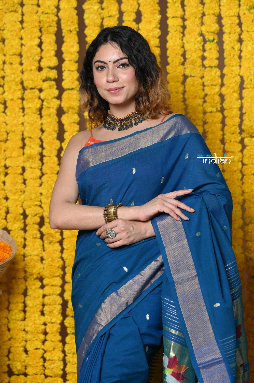 Very Much Indian Rajsi - Handloom Pure Cotton Paithani With Peacock Pallu - Teal Blue
