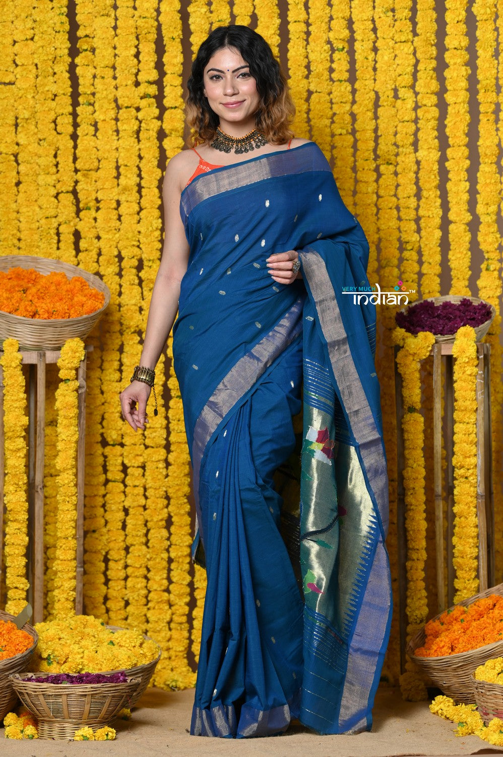 Very Much Indian Rajsi - Handloom Pure Cotton Paithani With Peacock Pallu - Teal Blue
