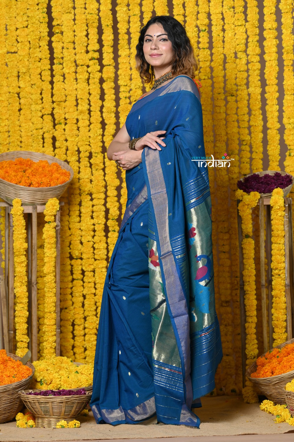 Very Much Indian Rajsi - Handloom Pure Cotton Paithani With Peacock Pallu - Teal Blue