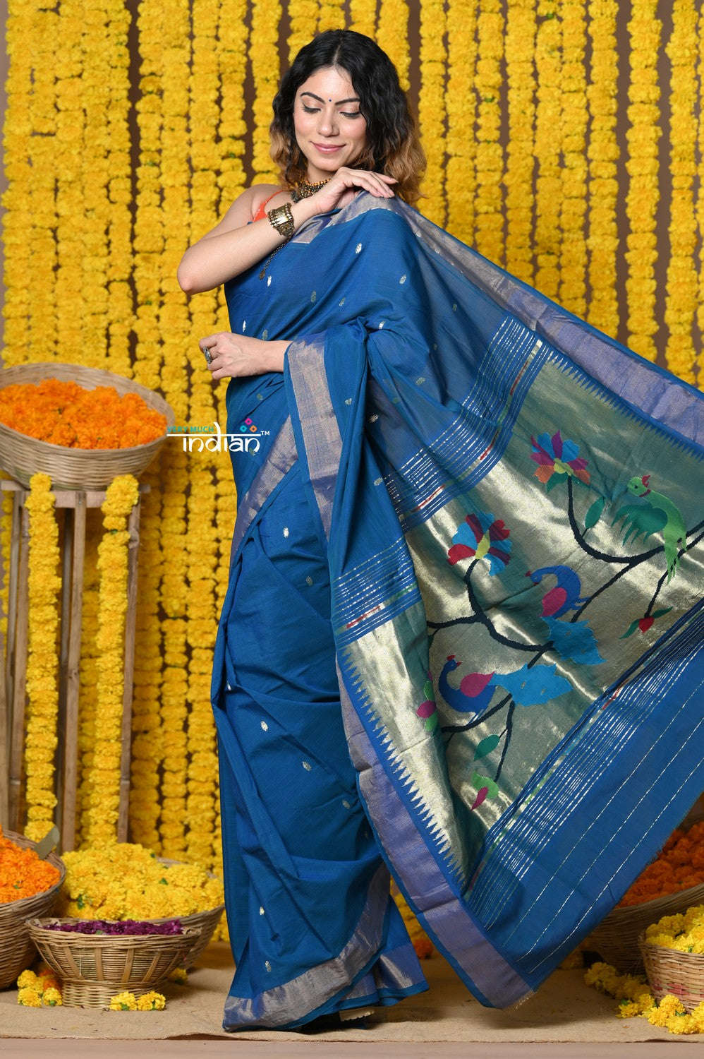 Very Much Indian Rajsi - Handloom Pure Cotton Paithani With Peacock Pallu - Teal Blue