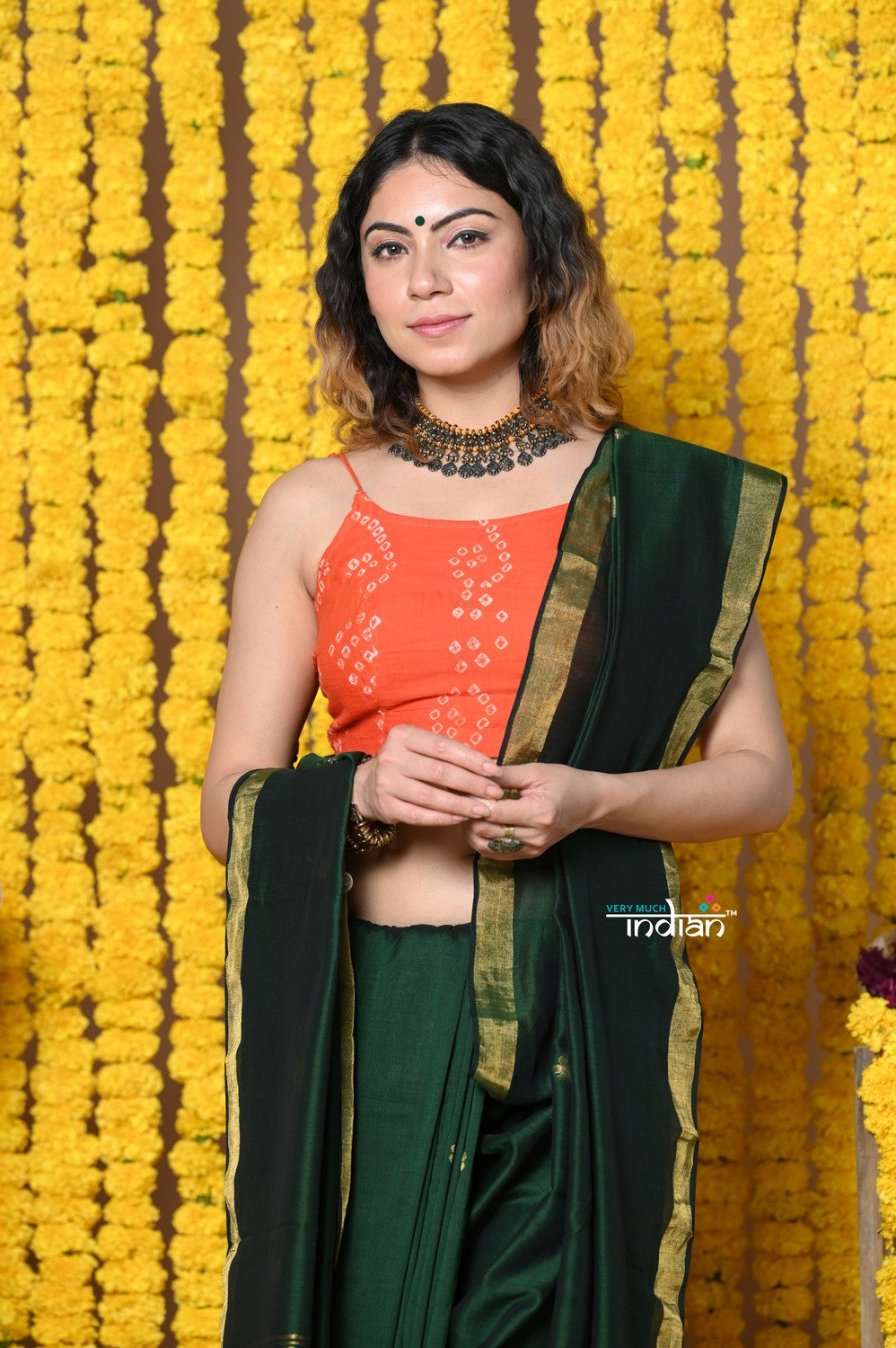 Very Much Indian Rajsi - Designed by VMI! High Quality Mul Cotton Handloom Woven Saree With Sleek Border in Green