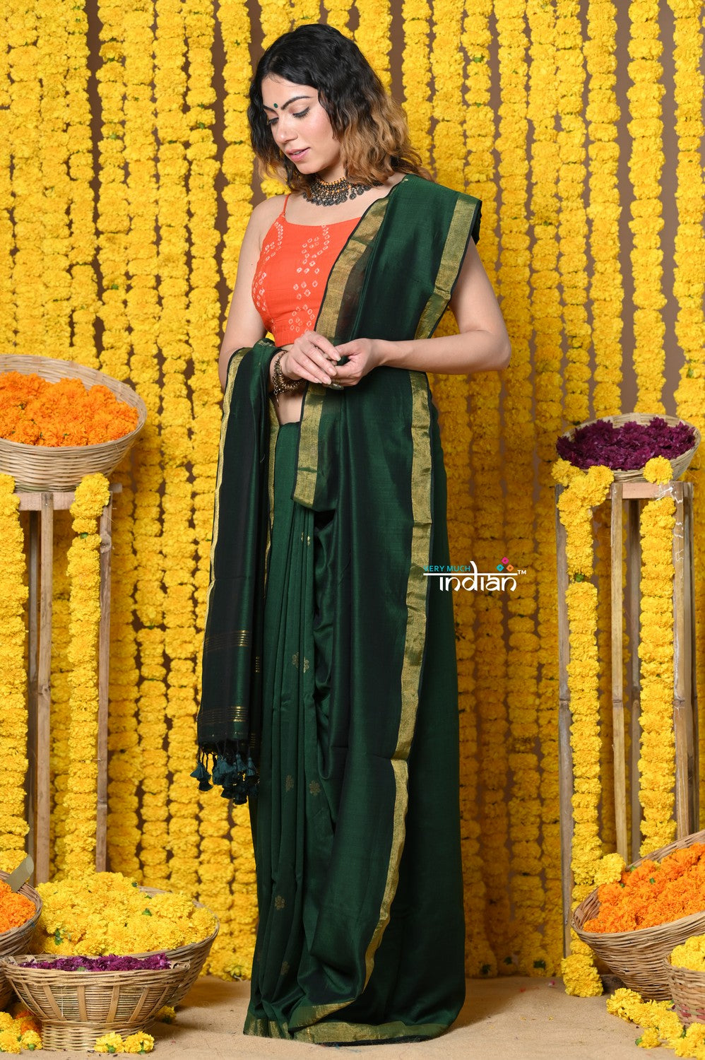 Very Much Indian Rajsi - Designed by VMI! High Quality Mul Cotton Handloom Woven Saree With Sleek Border in Green