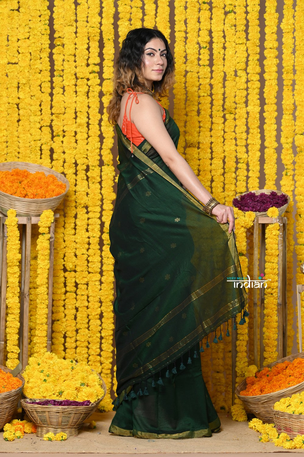 Very Much Indian Rajsi - Designed by VMI! High Quality Mul Cotton Handloom Woven Saree With Sleek Border in Green