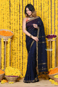 Very Much Indian Rajsi - Designed by VMI! High Quality Mul Cotton Handloom Woven Saree With Sleek Border in dark blue