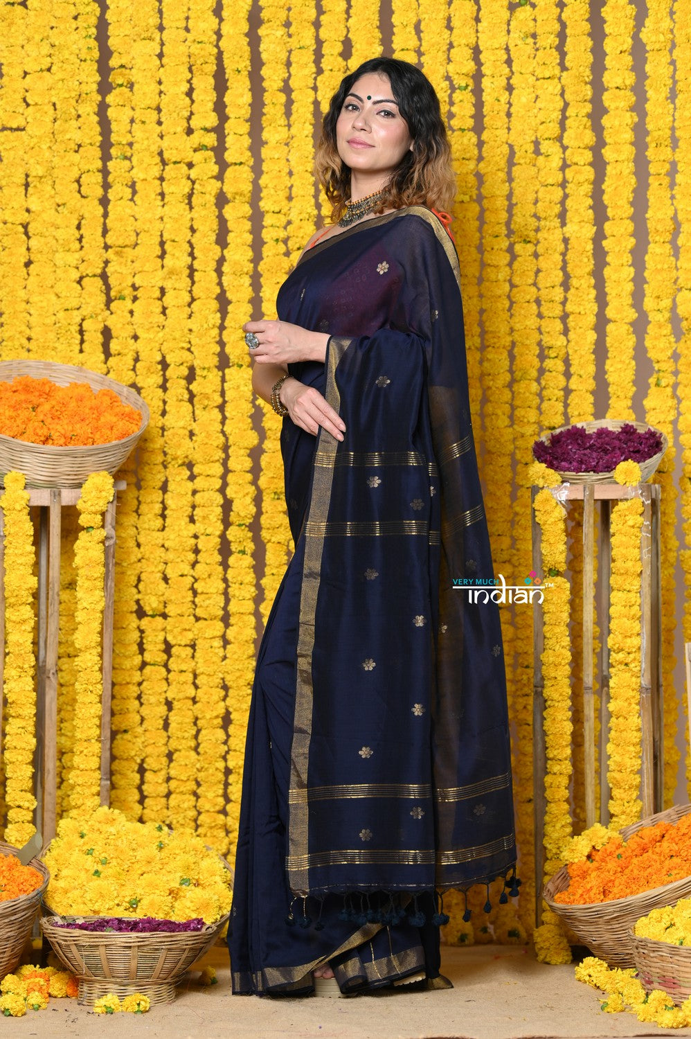 Very Much Indian Rajsi - Designed by VMI! High Quality Mul Cotton Handloom Woven Saree With Sleek Border in dark blue