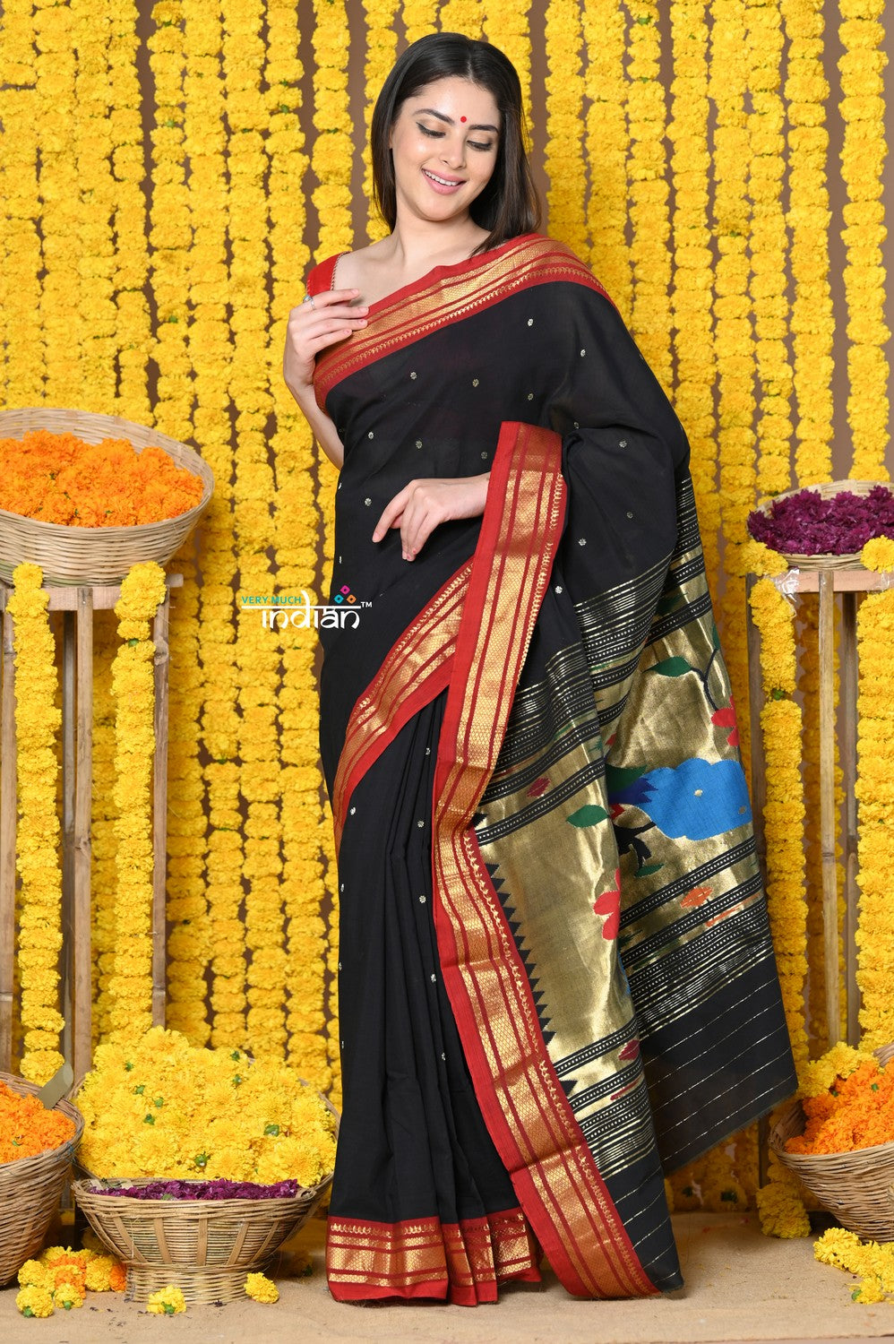 Very Much Indian Rajsi - Handloom Pure Cotton Paithani With Peacock Pallu - Black